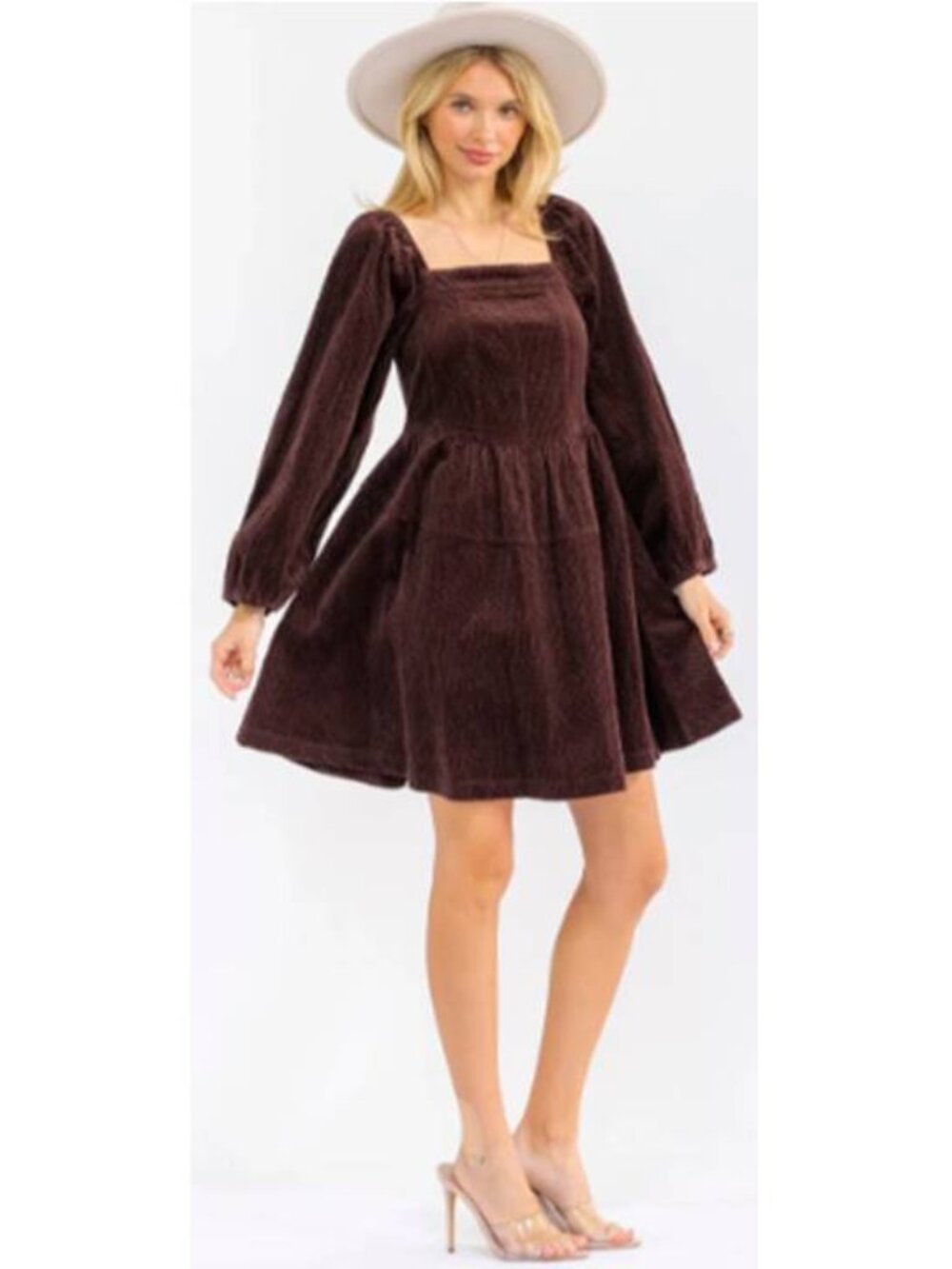 Womens Fit & Flare Soft Cotton Corduroy Mini Dress Western Preppy Party Brown